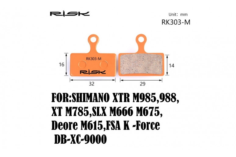 Колодки тормозные полуметалл disc RISK RK303-S Shimano M985/988/785/666/675/615, FSA K -Force DB-XC-9000 и др.